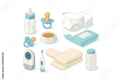 Essential baby care items set with bottle pacifiers diapers and wipes
