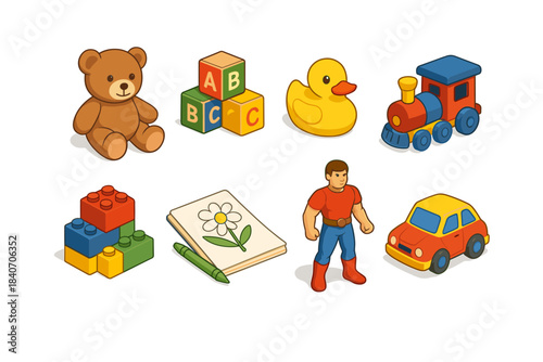 Colorful collection of classic children's toys featuring teddy bear and building blocks