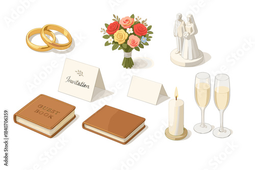 Wedding elements with rings bouquet figurine invitation glasses candle and guest book