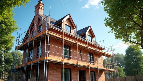 Brick house on reconstruction with scaffolding. New second story addition reinforces existing structure. Construction workers involved in building project on residential property. Image shows home