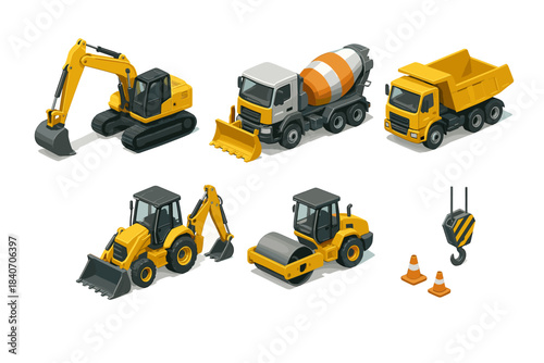 Collection of construction vehicles: excavator, cement truck, dump truck, backhoe, roller