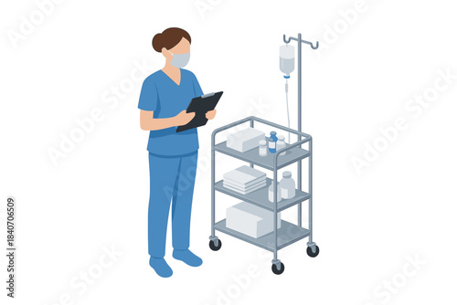 Female medical professional with iv stand and supplies in hospital setting