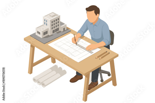Caucasian male adult architect designing building plan at desk in office
