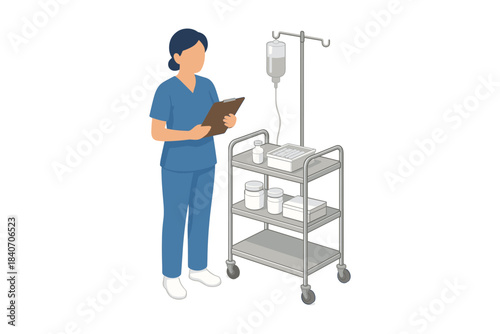 Female nurse checking medical cart with iv in hospital setting