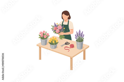 Female florist arranging colorful bouquet on wooden table