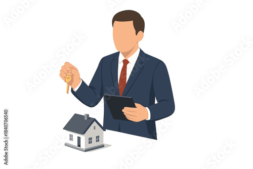 Real estate agent holding key and tablet near model house