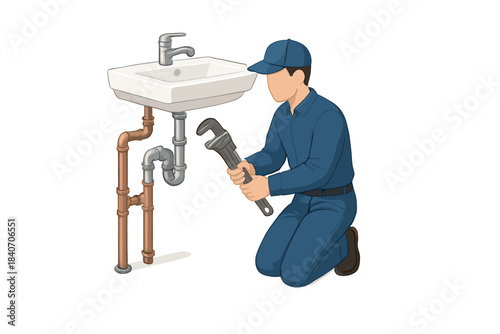 Male plumber fixing pipes under sink with wrench