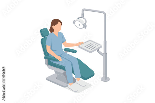Female dentist in scrubs sitting in modern dental chair with overhead light