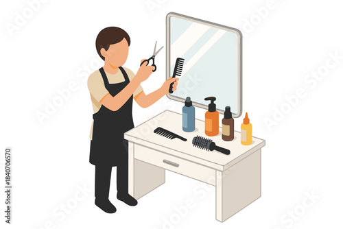 Caucasian male hairdresser cutting hair with scissors and comb in salon