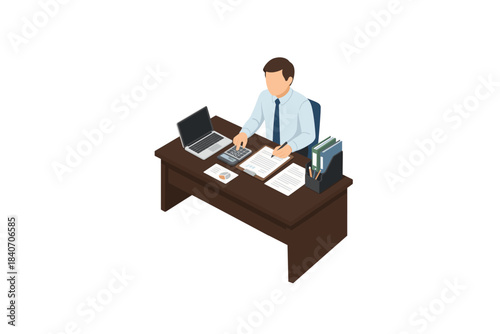 Young caucasian male accountant working at office desk with laptop and calculator