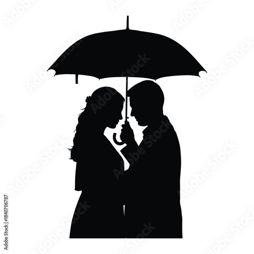 Romantic couple sharing an umbrella under the rain silhouette