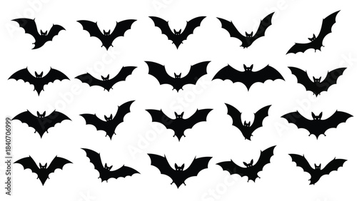 Collection of black bat silhouettes on white background