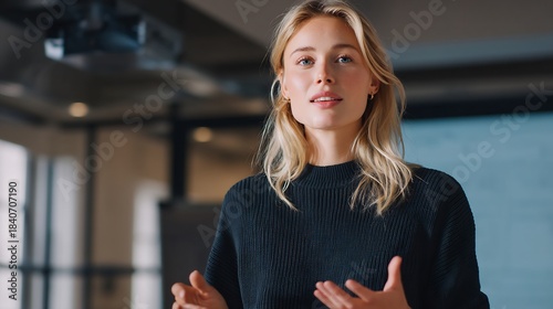 Confident young blonde woman speaking and gesturing, conveying ideas in a modern office setting with soft cinematic lighting.