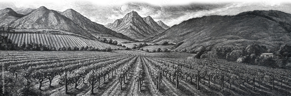 Fototapeta premium Highly detailed vintage engraved vineyard landscape with mountains, grapevines, and rural scenery. Classic etching-style illustration ideal for wine labels and premium packaging.