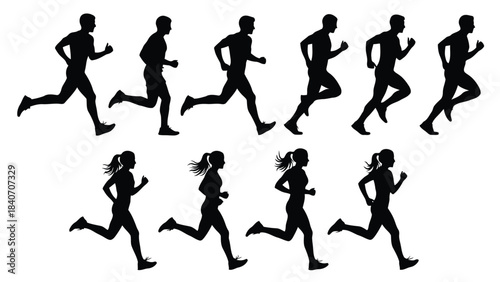 Silhouettes of men and women running on white background