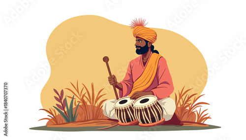 Indian man playing tabla drum in a serene outdoor environment