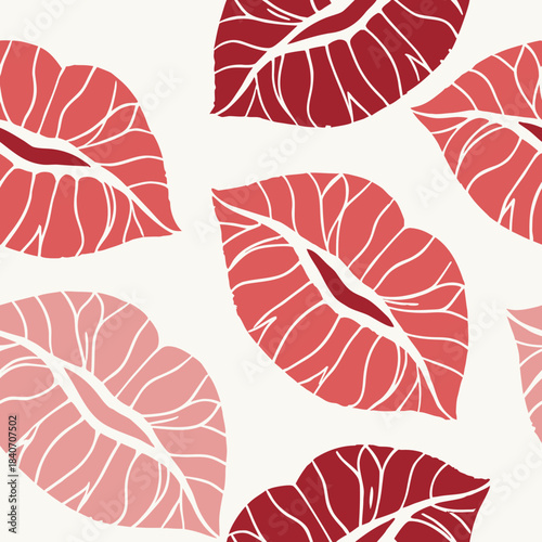 Stylish kissing lips pattern in shades of red and pink on light background, seamless kissing lips design includes abstract outlines for modern graphic resource.