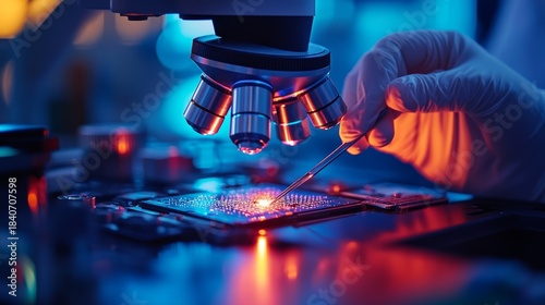 Close-up of laboratory scientist using microscope with glowing sample under lens, science research, innovation, medical discovery, biotechnology, modern laboratory and advanced medical analysis.