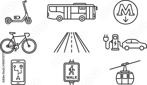 Urban transportation and city mobility line icons set, scooter, bus, bike, highway, metro, map