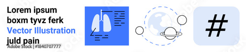 Lungs with annotations, planet in orbit, metadata tag block. Ideal for health, education, technology, social media, science, innovation simple landing page