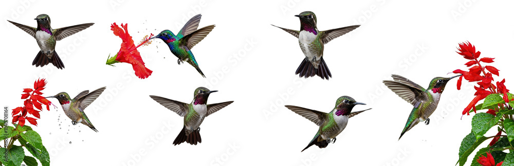 Naklejka premium Set Of A colorful hummingbird Flying In various poses isolated on transparent background, Hummingbird, PNG