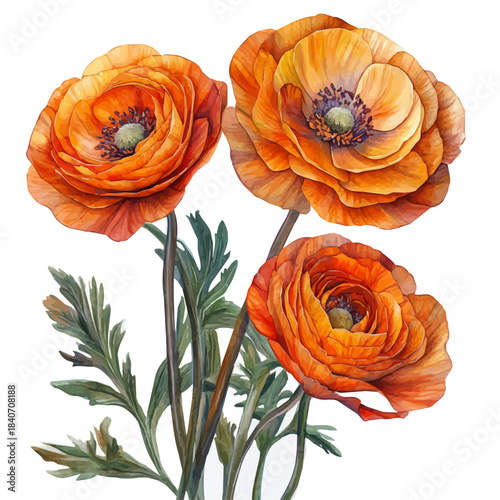 Ranunculus Flower, refined watercolor illustration with luminous tones and soft layered brushwork, isolated on a white background.
