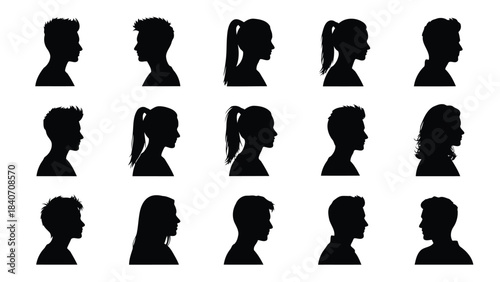 Collection of black silhouettes of people with various hairstyles on white background