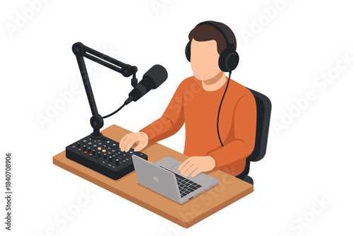 Caucasian male adult podcasting with laptop and microphone setup
