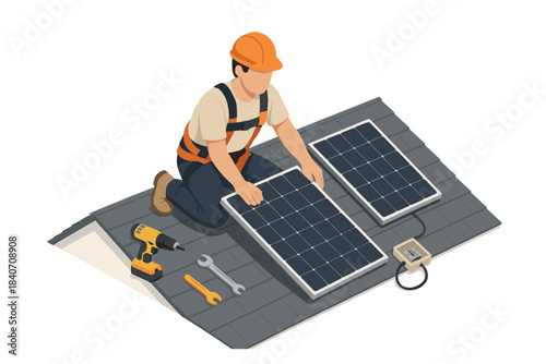 Young adult male installing solar panels on rooftop efficiently