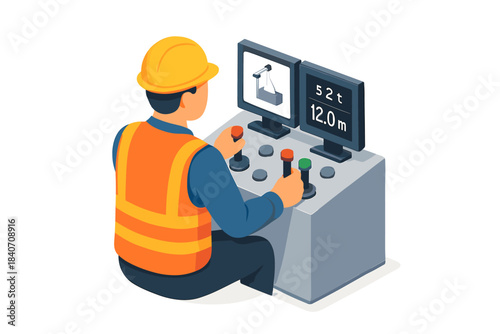 Male operator controlling crane with joystick in construction environment