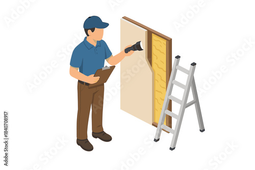Male inspector examining wall insulation with flashlight