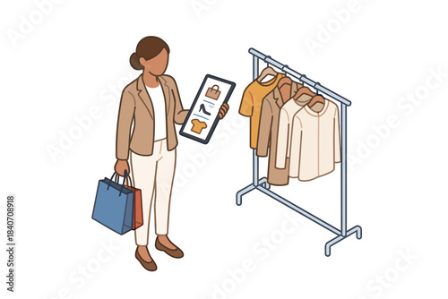 Young african female shopping with tablet near clothing rack