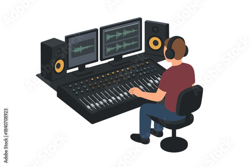 Audio engineer operating mixing console in recording studio with dual monitors and speakers