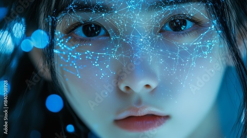 Close-up futuristic portrait young Asian woman female, glowing digital blue grid mapped on face, artificial intelligence, biometrics, innovation, digital identity, data scanning, futuristic technology