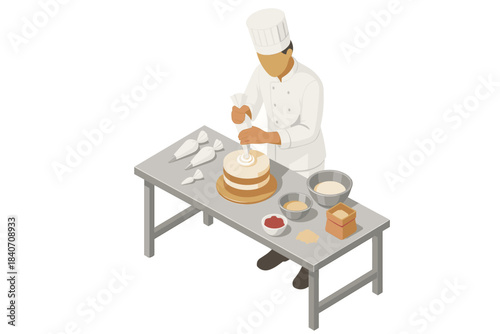 Asian male chef decorating cake on kitchen table