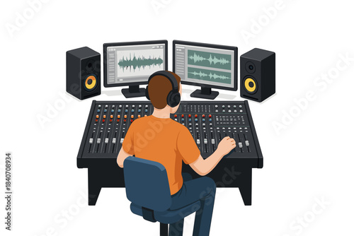 Caucasian male audio engineer working in music studio with equipment