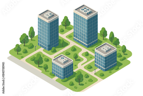 Isometric urban park with modern office buildings and greenery