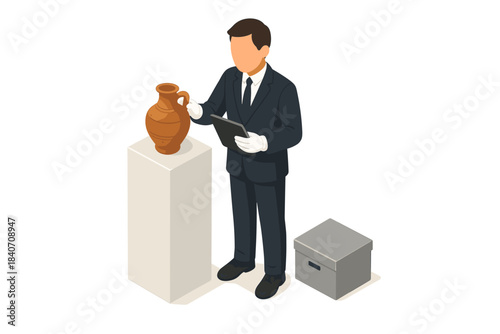 Caucasian male adult examining ancient vase in museum exhibit