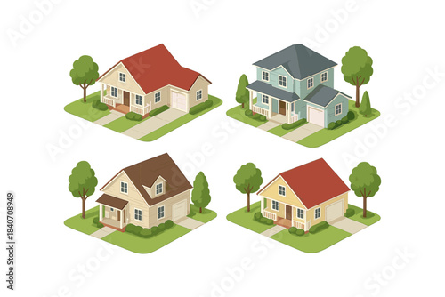 Collection of charming suburban houses with trees and lawns