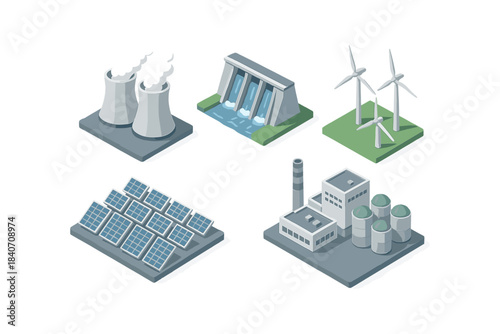 Isometric renewable and non-renewable energy sources: solar panels, wind turbines, nuclear, hydro