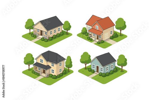 Set of four charming suburban houses with lush greenery and trees