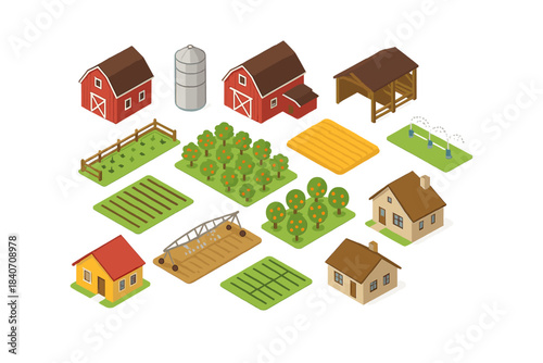 Isometric farm elements with barns, fields, and orchards