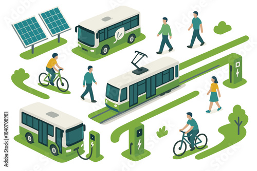 Sustainable urban transport: eco-friendly buses, trams, and bicycles in green cityscape