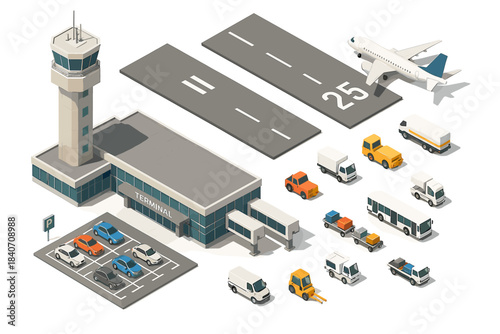 Isometric airport scene with terminal, control tower, runway, and various vehicles