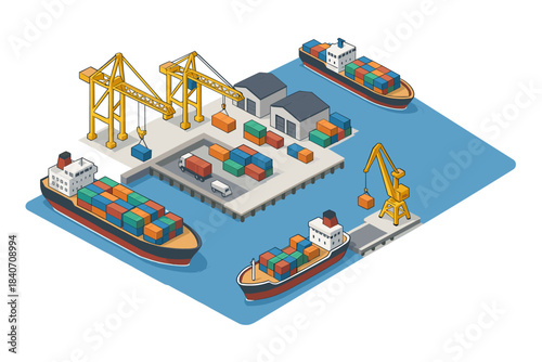 Isometric container terminal with cargo ships and cranes at a busy port