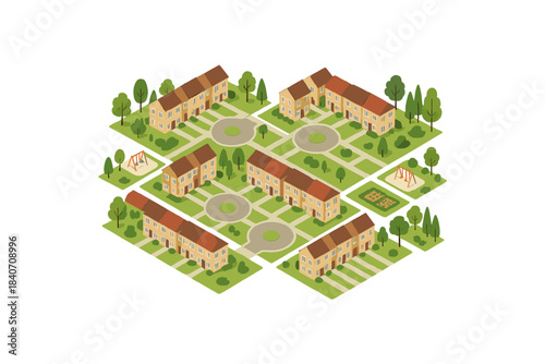 Isometric design of residential neighborhood with green spaces and play areas