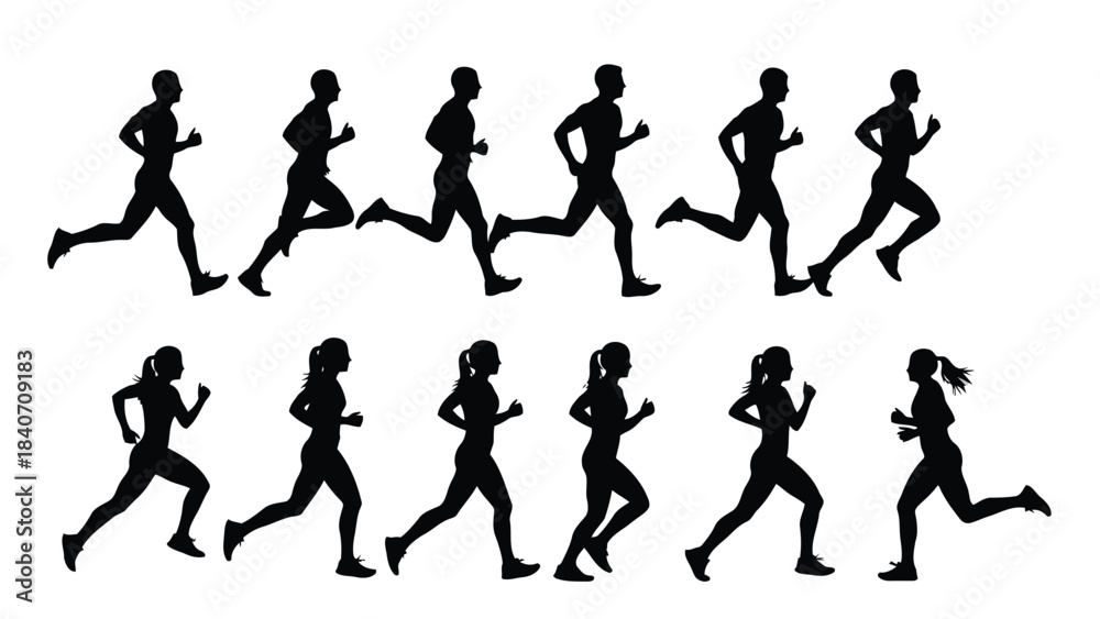 Naklejka premium Silhouettes of men and women running on white background
