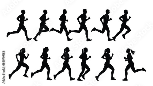 Silhouettes of men and women running on white background