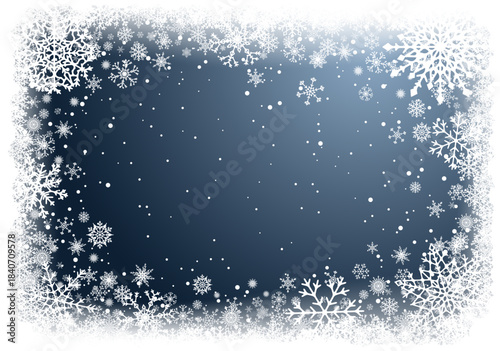 Christmas greeting card with white frame of snowflakes on dark blue background. New-Year winter vector illustration with copy-space.