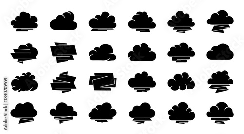Black Cloud Icons Set | Vector Silhouette Collection with Cloudburst and Ribbon Elements